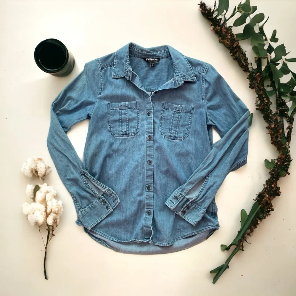 Express Long Sleeve Blue Button Up Cotton Casual Business Dress Shirt Size XS